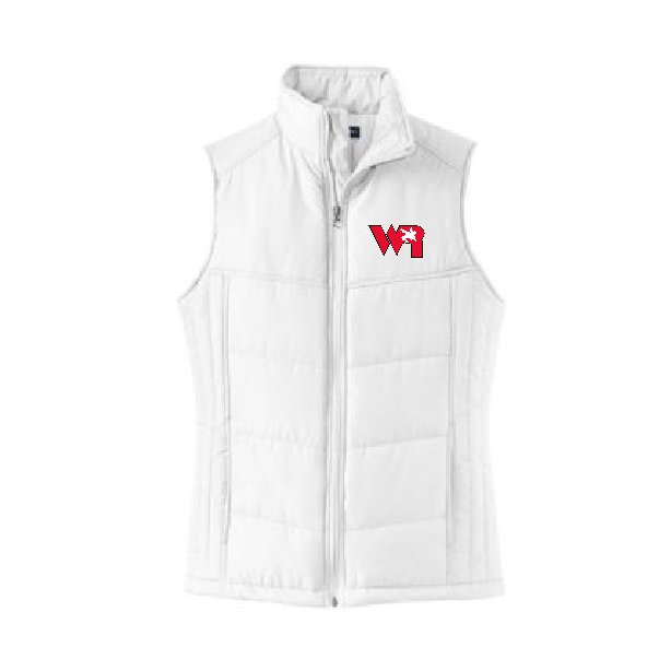 Ladies Puffy Vest<br>White<br>Embroidered Crest Logo