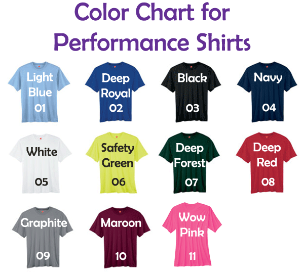 #10A Color Chart for performance, moisture wicking shirts