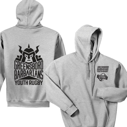 09 Hoodie with GYRA Logo on front and Barbarians Youth Rugby on back