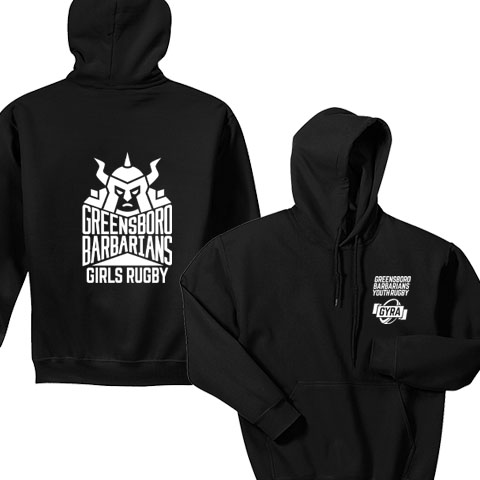 10 Hoodie with GYRA Logo on front and Barbarians Girls Rugby on back