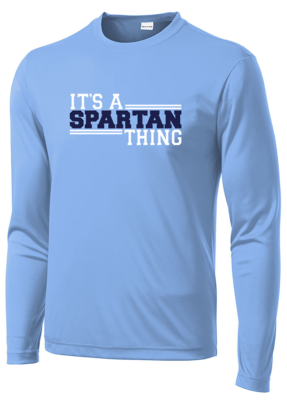 16. Carolina Blue  Long Sleeve 100% POLYSTER Shirt - Full Front logo