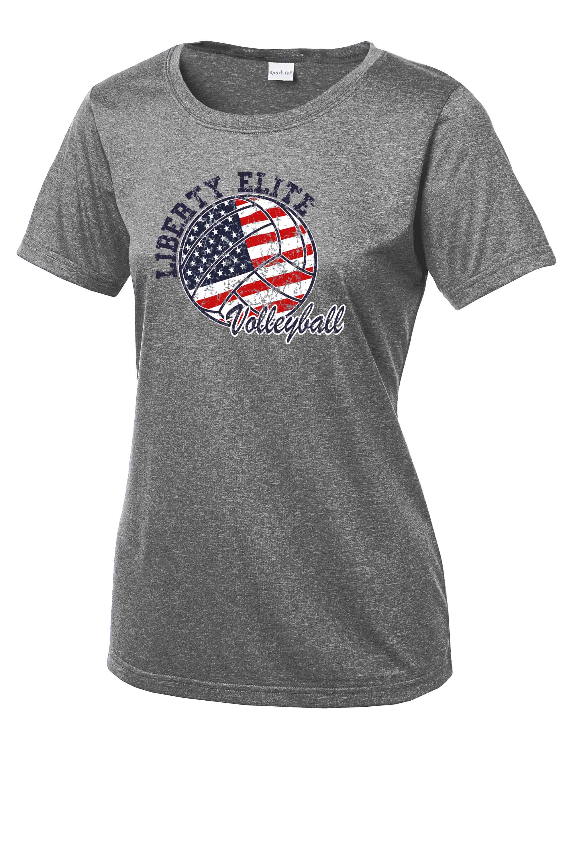 LEL-LST360GRY-VB LADIES VINTAGE HEATHER MOISTURE WICKING SHORT SLEEVE TEE WITH VOLLEYBALL LOGO