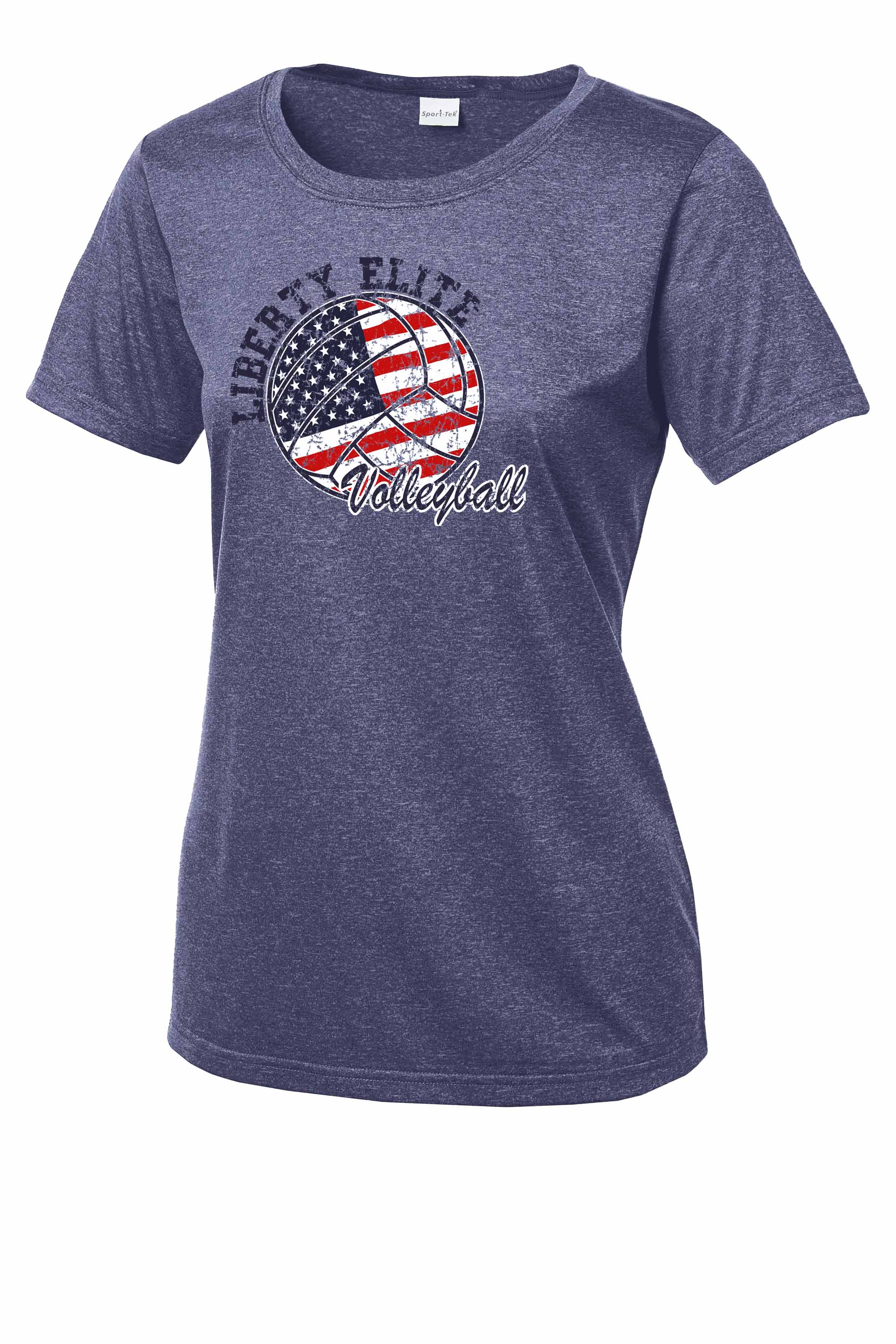 LEL-LST360NVYY-VB LADIES NAVY HEATHER SHORT SLEEVE MOISTURE WICKING TEE WITH VOLLEYBALL LOGO