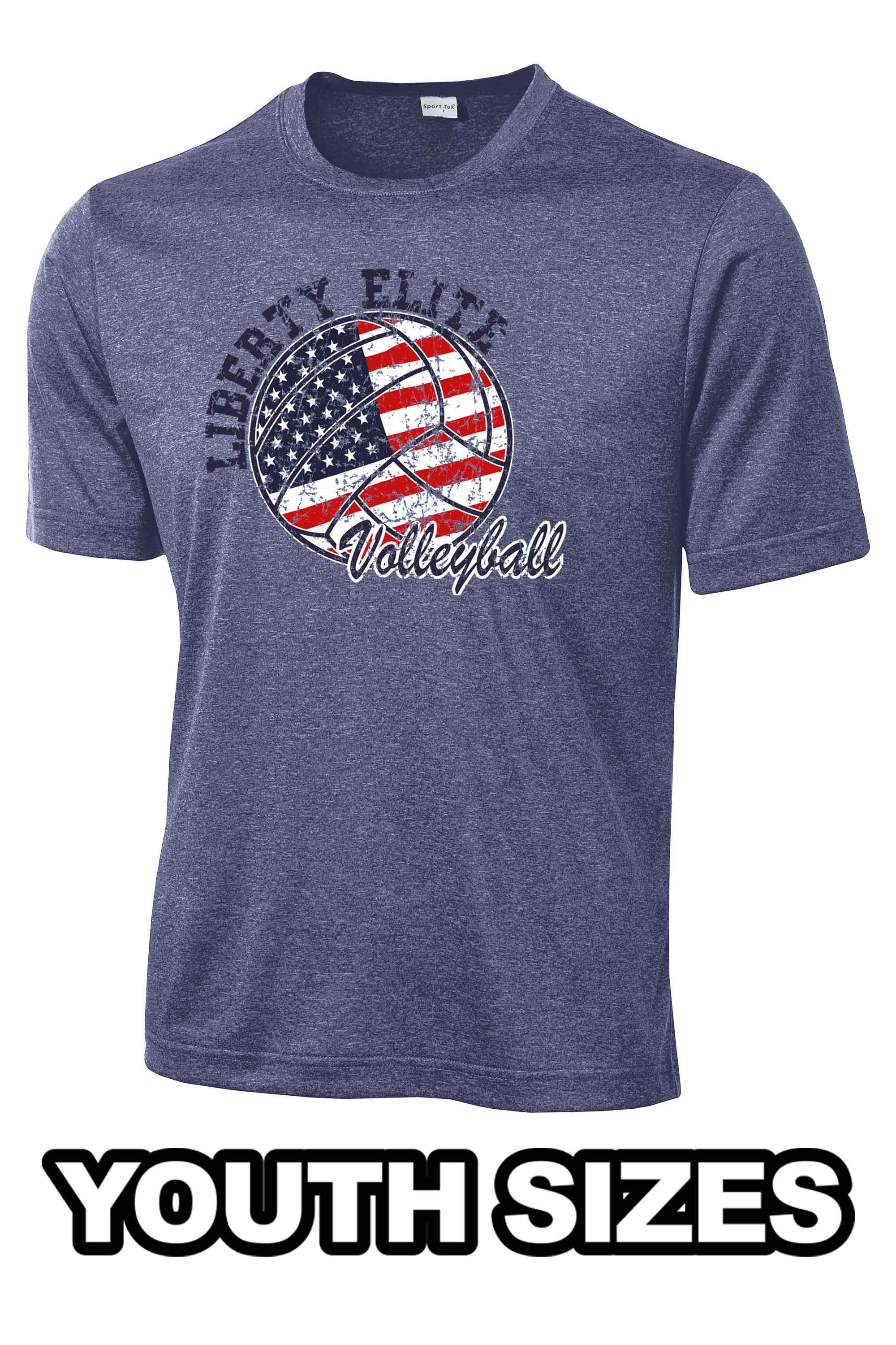 LEB-YST360NVY-VB YOUTH UNISEX NAVY HEATHER SHORT SLEEVE MOISTURE WICKING TEE WITH VOLLEYBALL