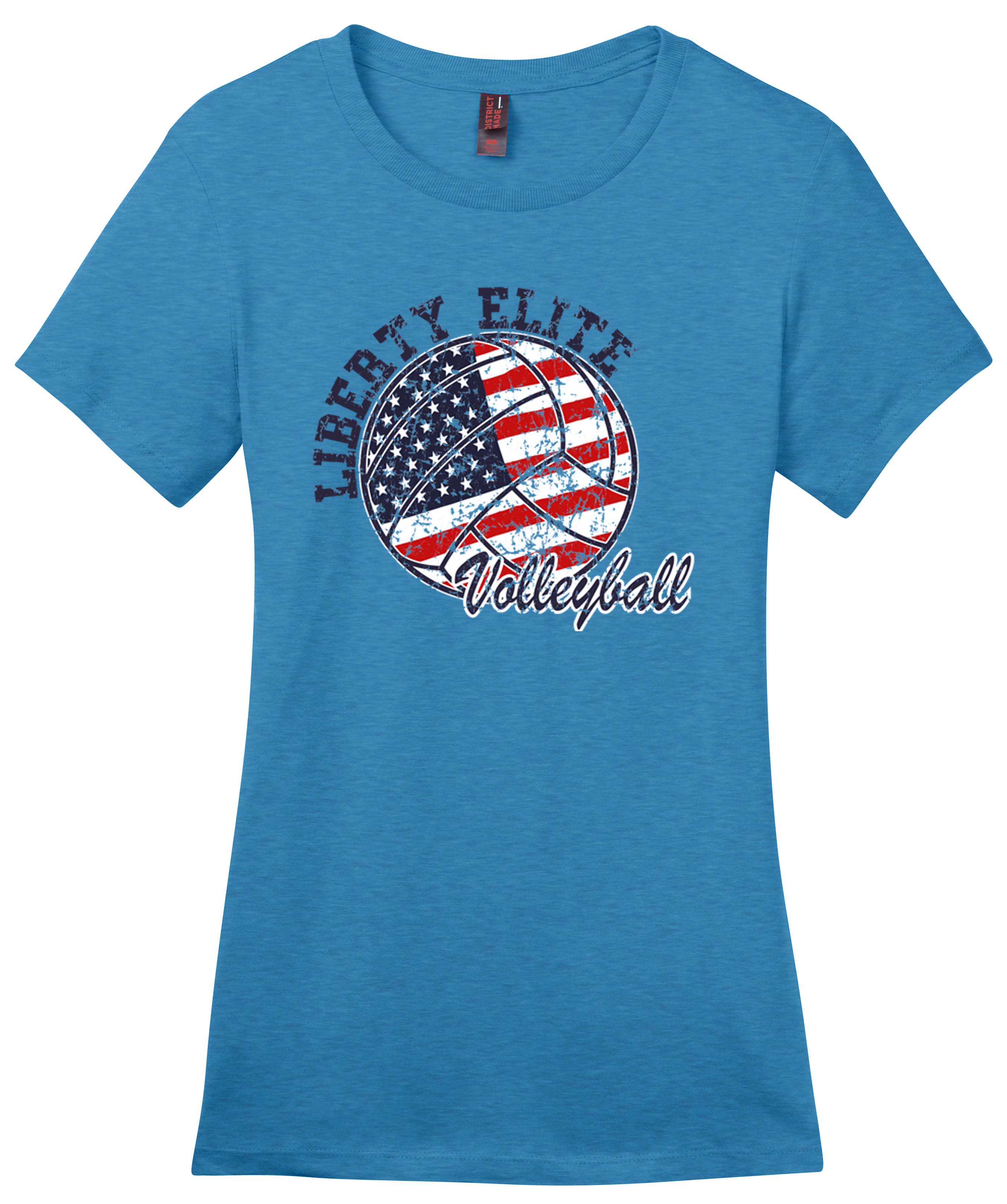 LEL-DM104LDEN-VB LADIES DENIM BLUE CREW NECK 100% RINGSPUN COTTON V-NECK TEE WITH VOLLEYBALL LOGO