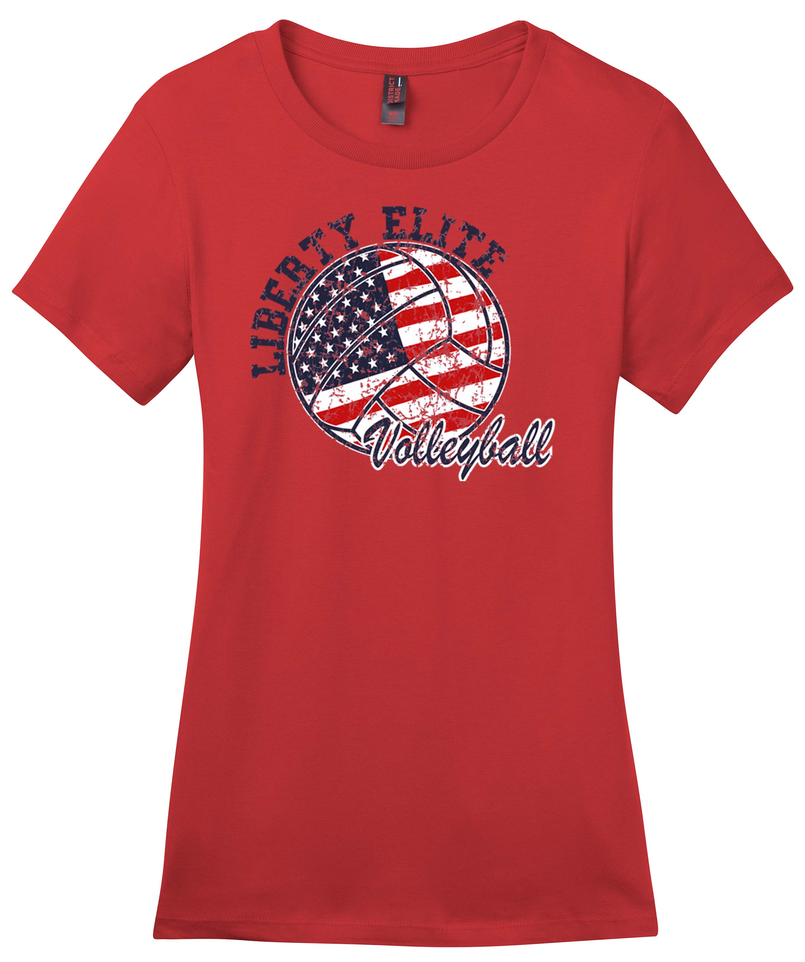LEL-DM104LRD-VB LADIES RED CREW NECK 100% RINGSPUN COTTON TEE WITH VOLLEYBALL LOGO