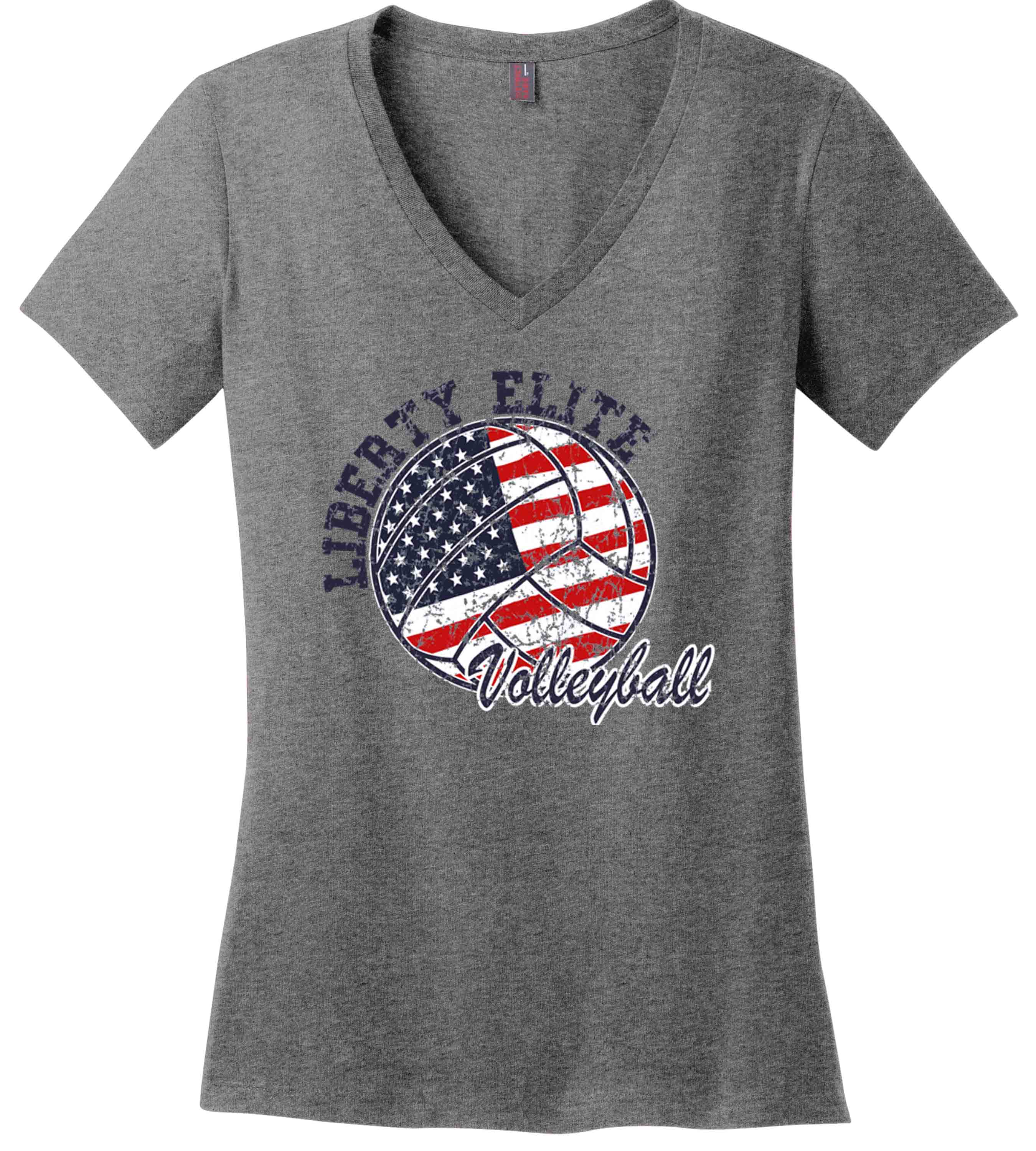 LEL-DM1170LGRY-VB LADIES GRAY 100% RINGSPUN COTTON V-NECK TEE WITH VOLLEYBALL LOGO