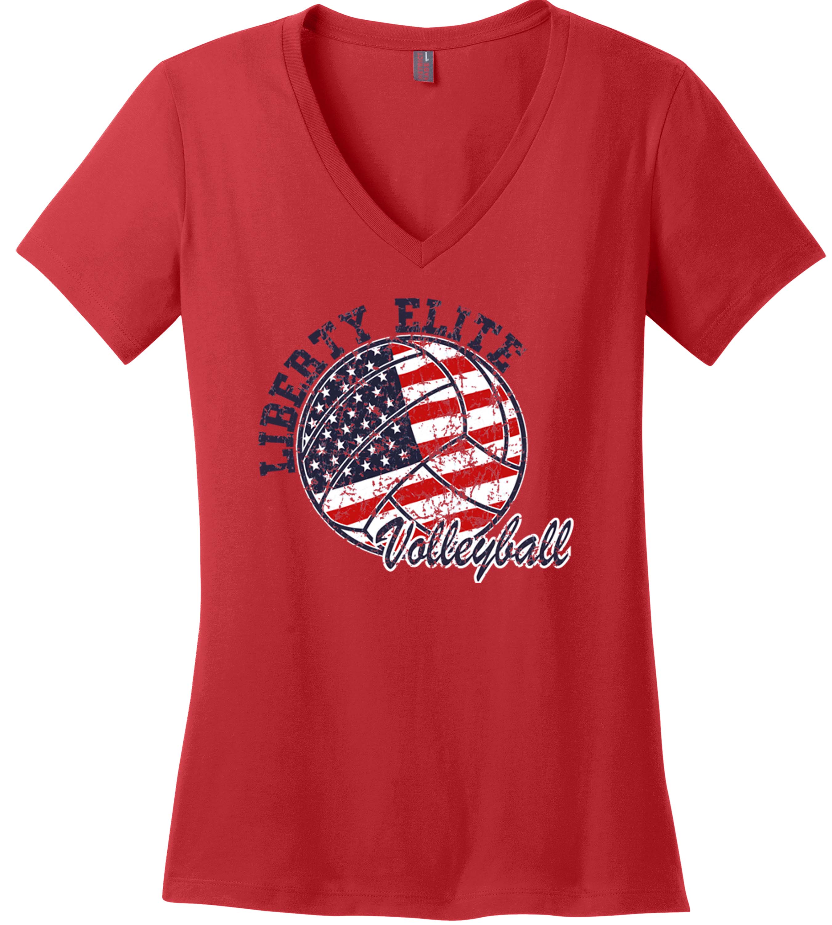 LEL-DM1170LRD-VB LADIES RED 100% RINGSPUN COTTON TEE WITH VOLLEYBALL LOGO
