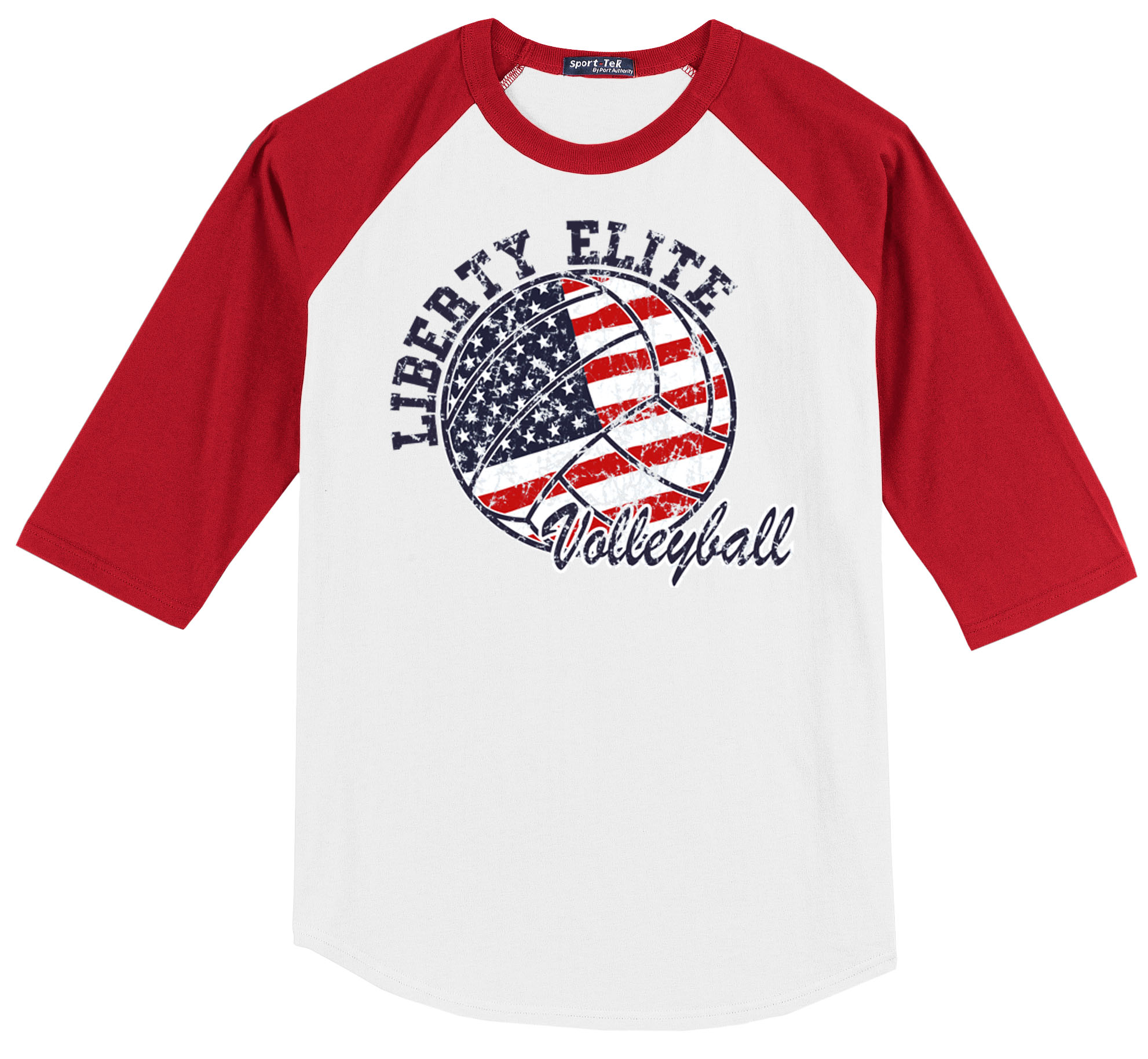 LEU-T200RDWHT-VB ADULT UNISEX RED/WHITE 3/4 SLEEVE BASEBALL TEES WITH VOLLEYBALL LOGO
