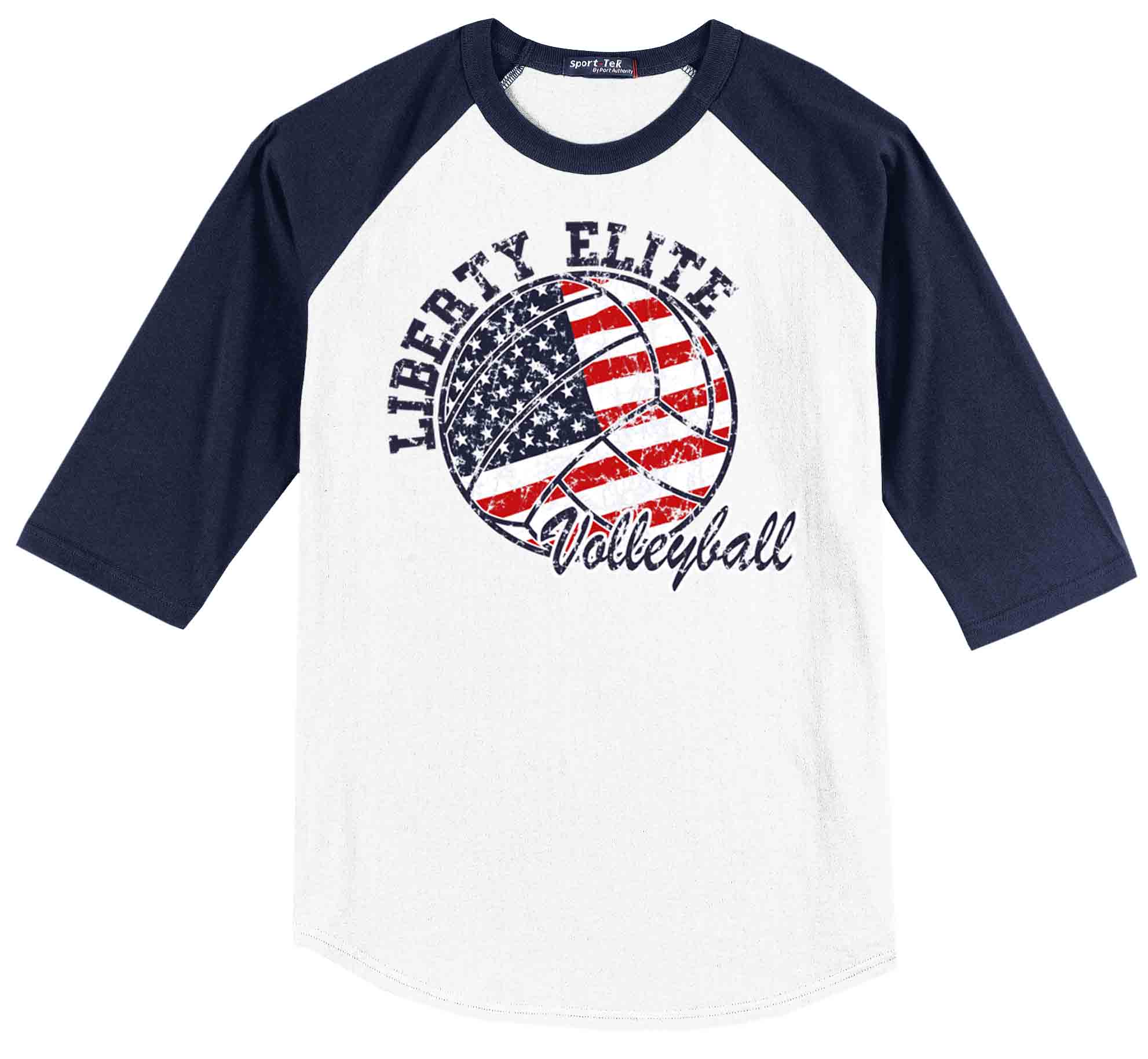 LEU-T200NVWHT-VB ADULT UNISEX NAVY/WHITE 3/4 SLEEVE BASEBALL TEE WITH VOLLEYBALL LOGO