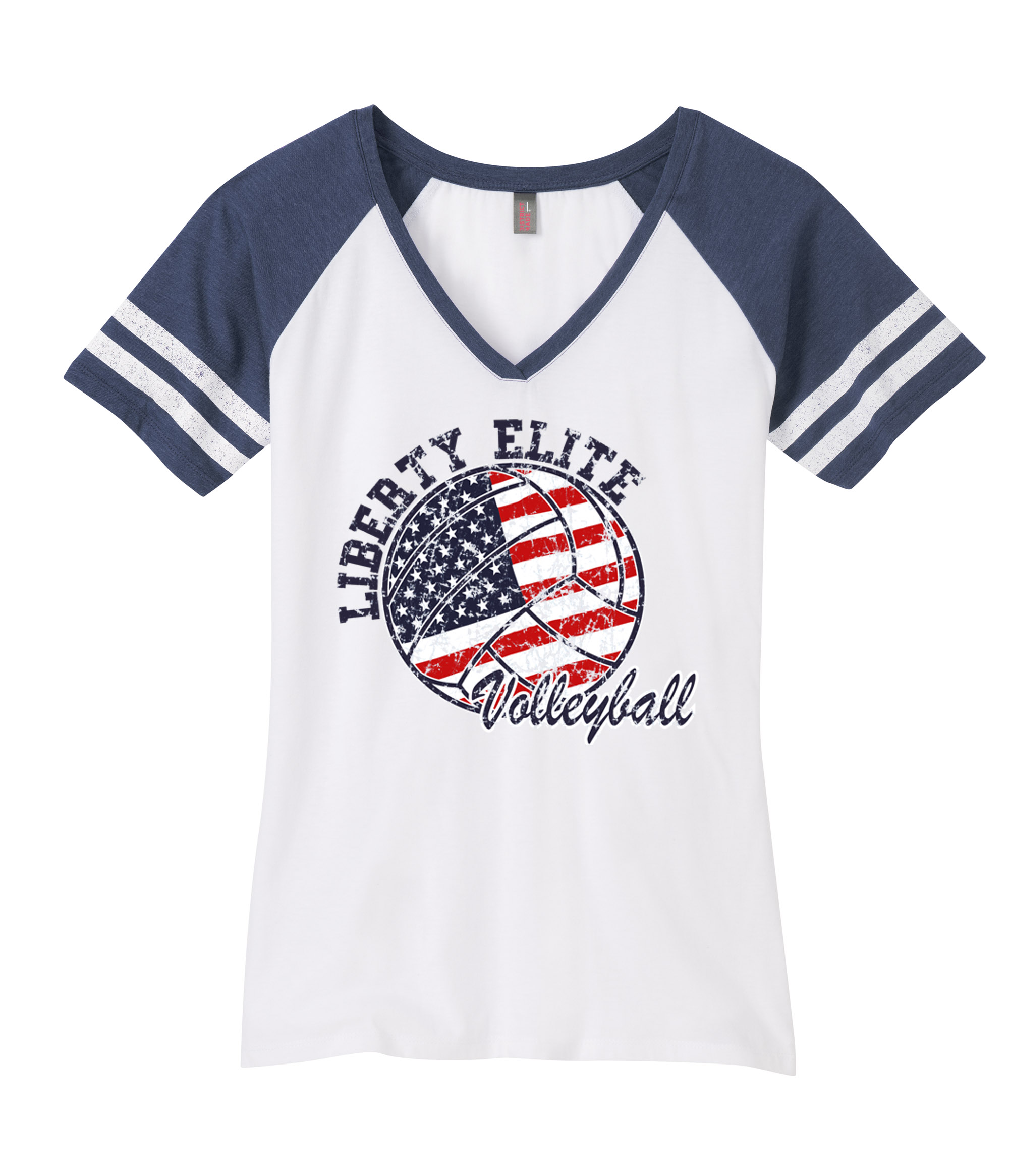 LEL-DM476-VB LADIES WHITE WITH NAVY SLEEVES V-NECK 60/40 BLEND GAME TEE WITH VOLLEYBALL LOGO