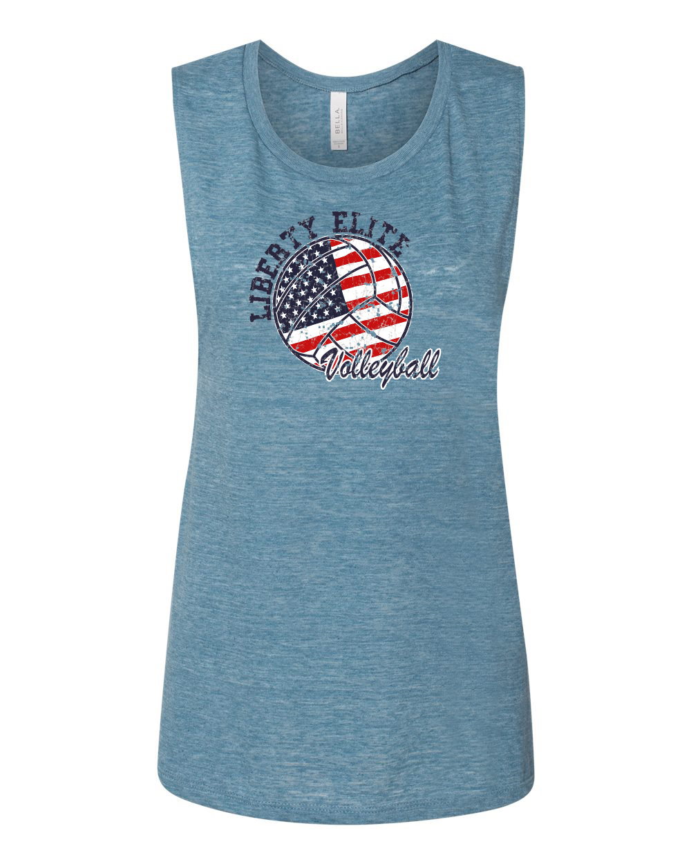 LEL-8803BL-VB LADIES BLUE BELLA CANVAS 4.0 OZ FLOWY SLEEVELESS MUSCLE SHIRT WITH VOLLEYBALL LOGO