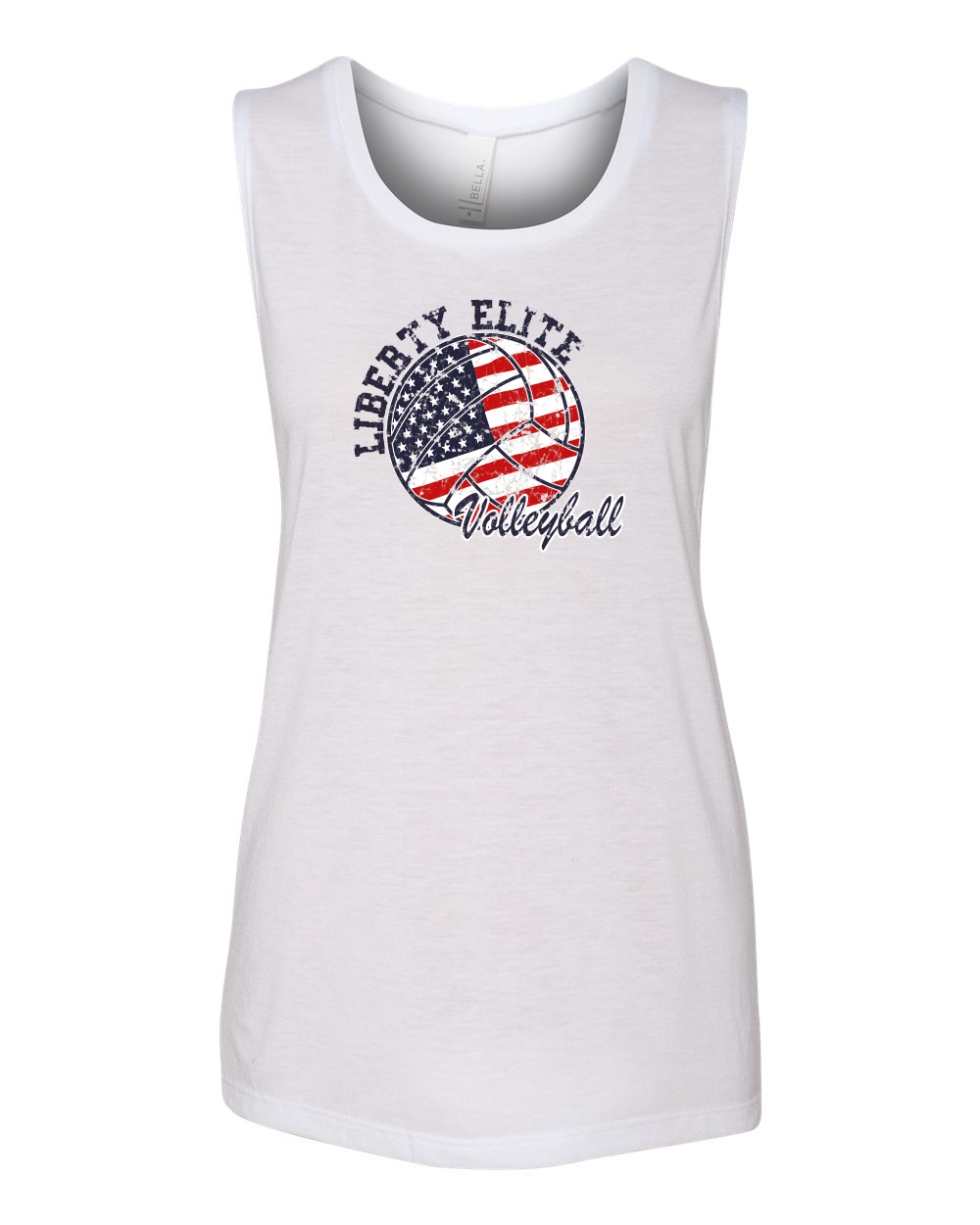 LEL-8803WHT-VB LADIES WHITE BELLA CANVAS 4.0 OZ FLOWY SLEEVELESS MUSCLE SHIRT WITH VOLLEYBALL LOGO