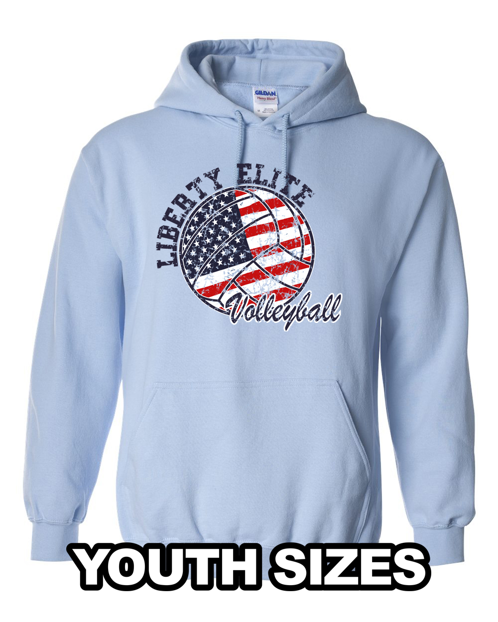 LEB-18500BLTBL-VB YOUTH UNISEX LIGHT BLUE 50/50 BLEND HOODIE WITH VOLLEYBALL LOGO