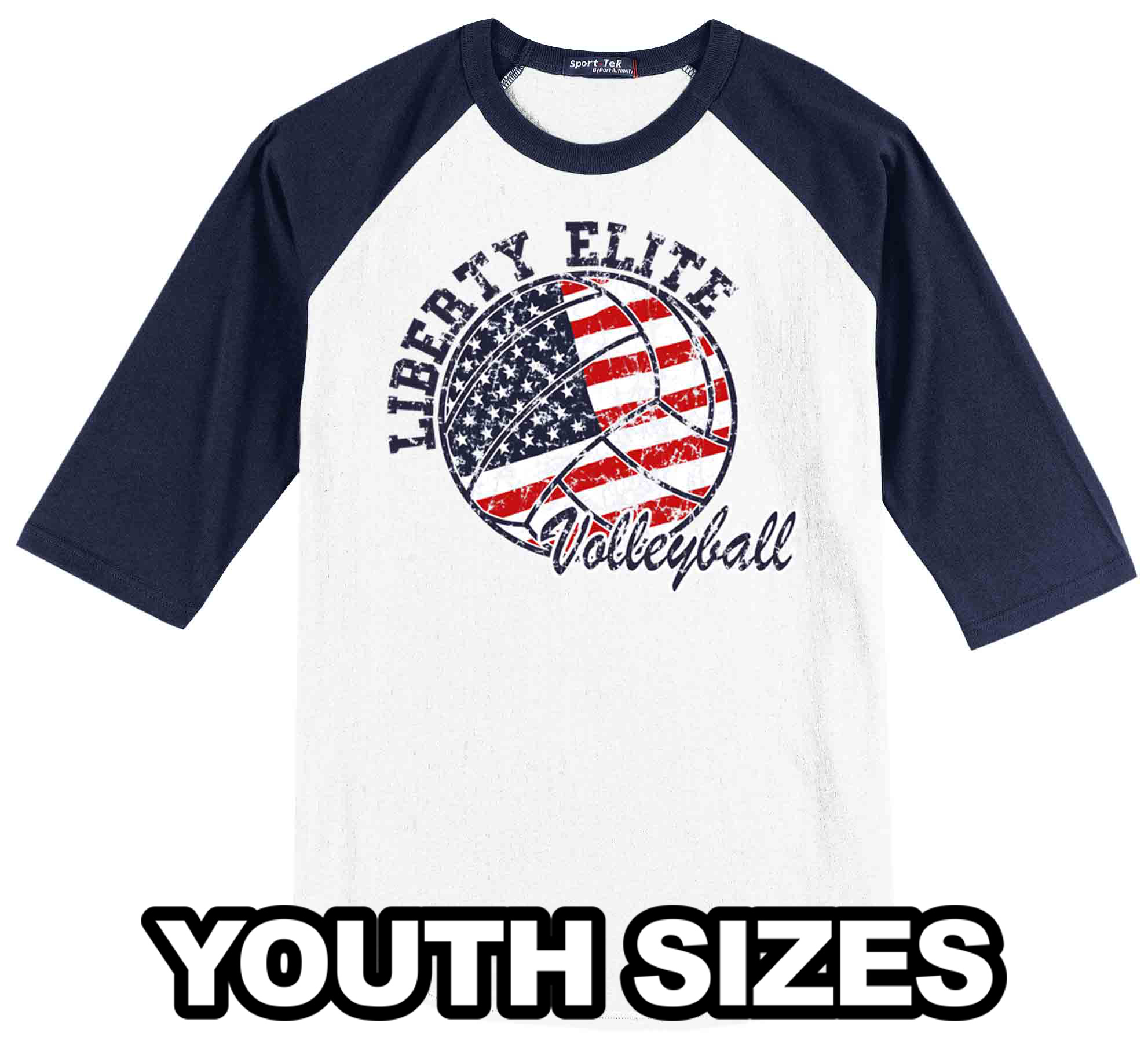 LEB-T200YNVWHT-VB YOUTH UNISEX NAVY/WHITE 3/4 SLEEVE BASEBALL TEE WITH VOLLEYBALL LOGO