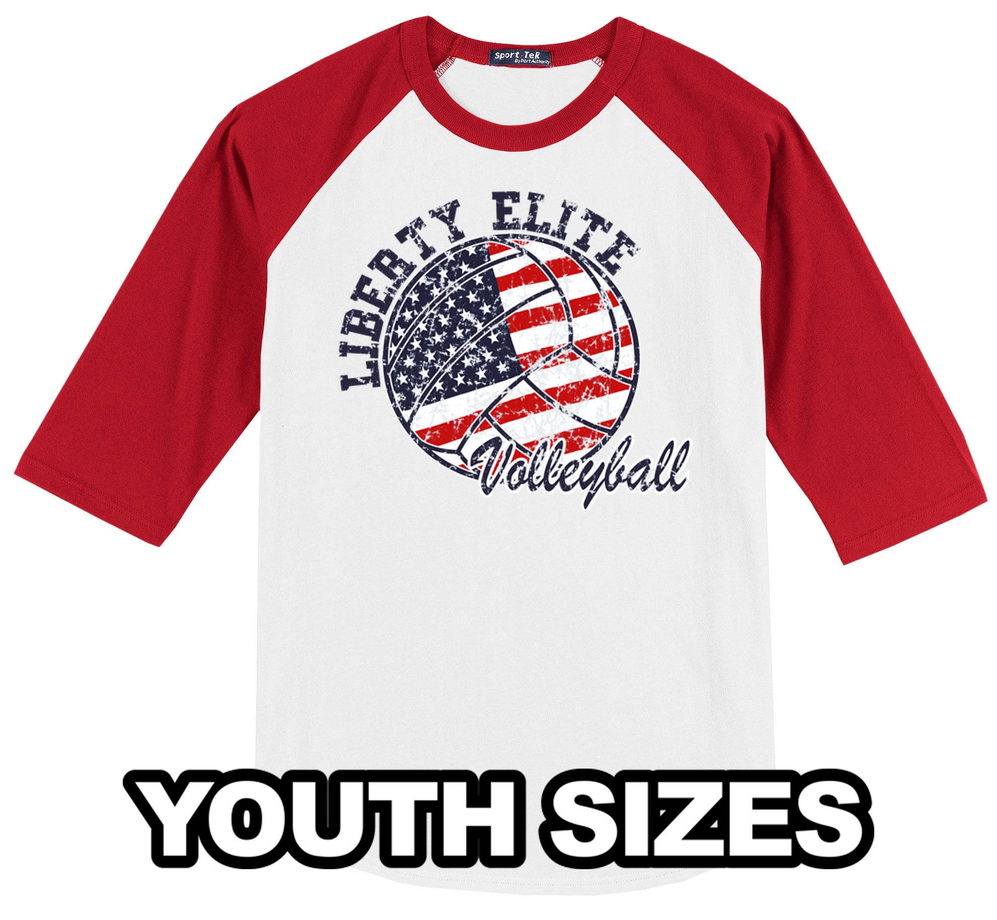 LEB-T200YRDWHT-VB YOUTH UNISEX RED/WHITE 3/4 SLEEVE BASEBALL TEES WITH VOLLEYBALL LOGO