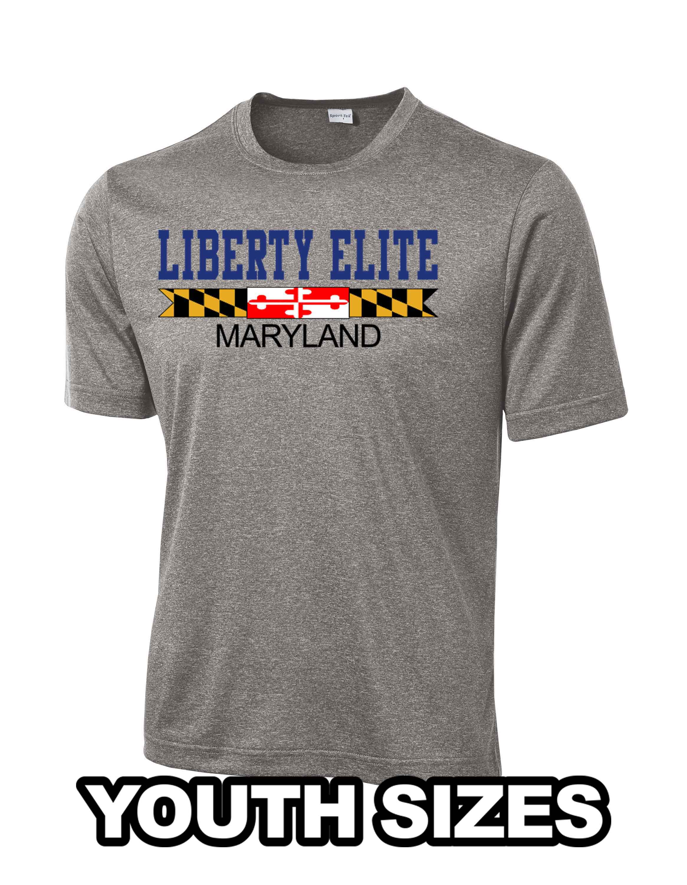 LEB-YST360GRY-MD YOUTH UNISEX VINTAGE HEATHER SHORT SLEEVE MOISTURE WICKING TEE WITH MARYLAND LOGO