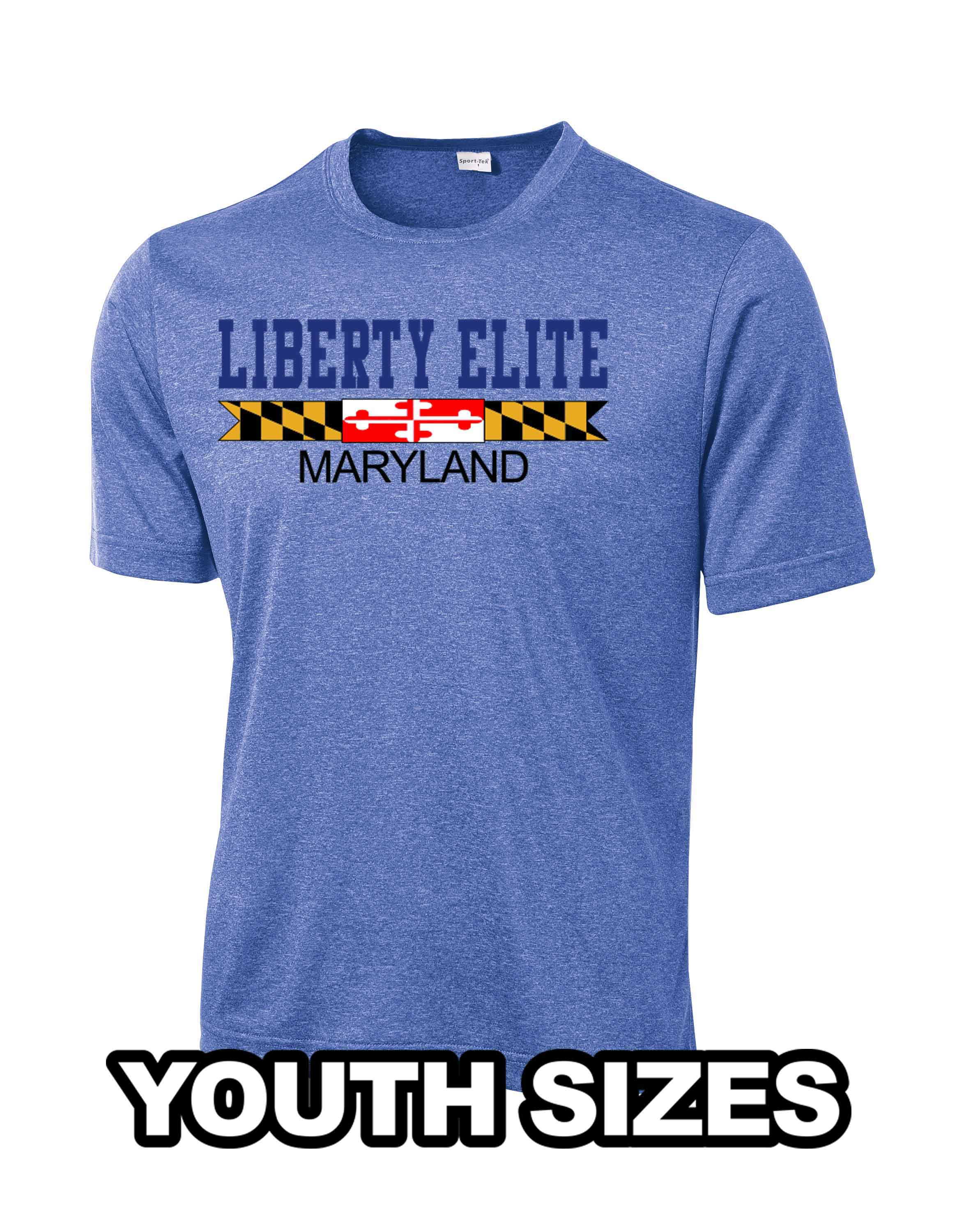 LEB-YST360ROY-MD YOUTH UNISEX TRUE ROYAL HEATHER SHORT SLEEVE MOISTURE WICKING TEE WITH MARYLAND LOG