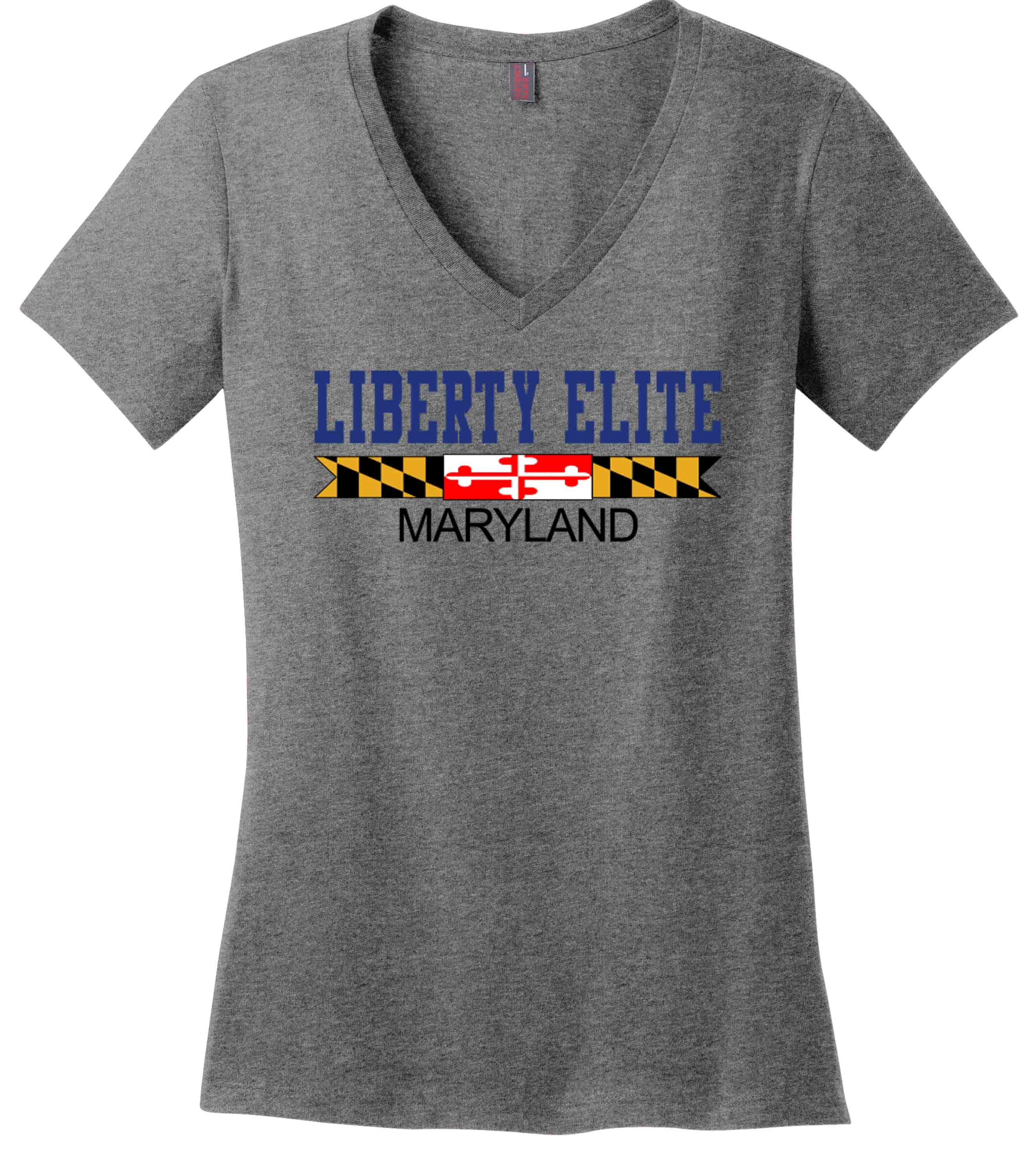 LEL-DM1170LGRY-MD LADIES GRAY 100% RINGSPUN COTTON V-NECK TEE WITH MARYLAND LOGO