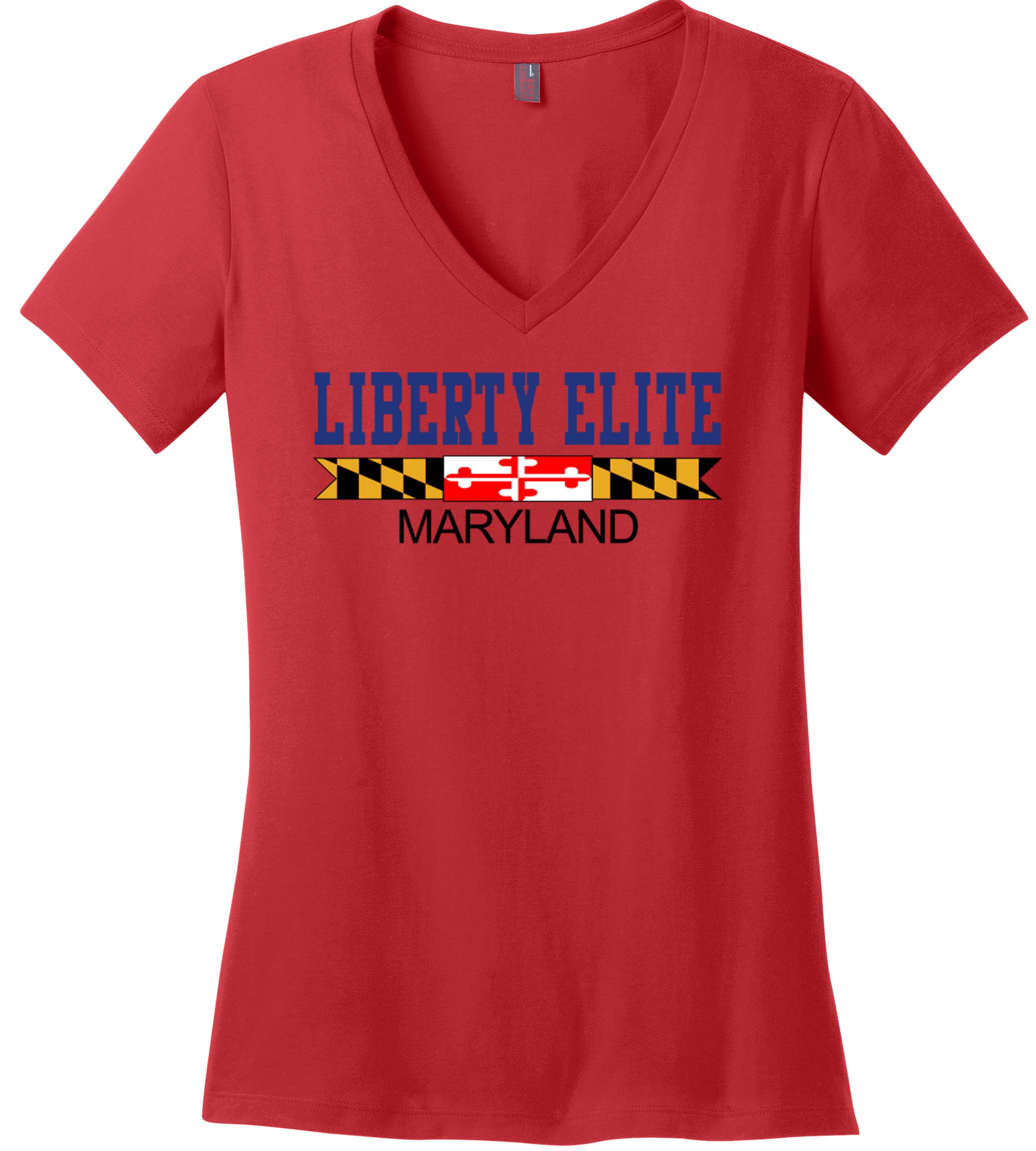 LEL-DM1170LRD-MD LADIES RED 100% RINGSPUN COTTON V-NECK TEE WITH MARYLAND LOGO