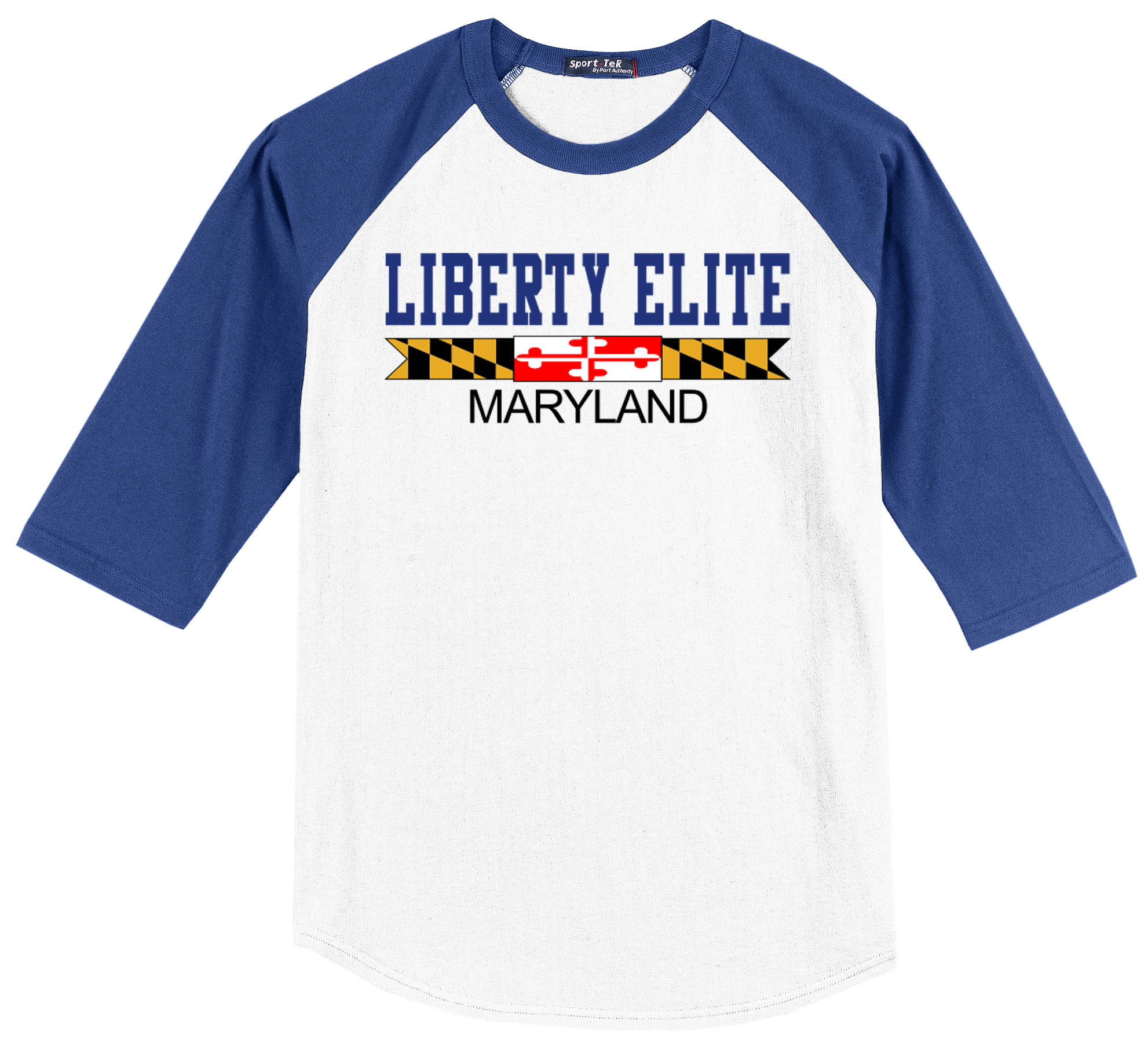 LEU-T200ROYWHT-MD ADULT UNISEX ROYAL/WHITE 3/4 SLEEVE BASEBALL TEE WITH MARYLAND LOGO