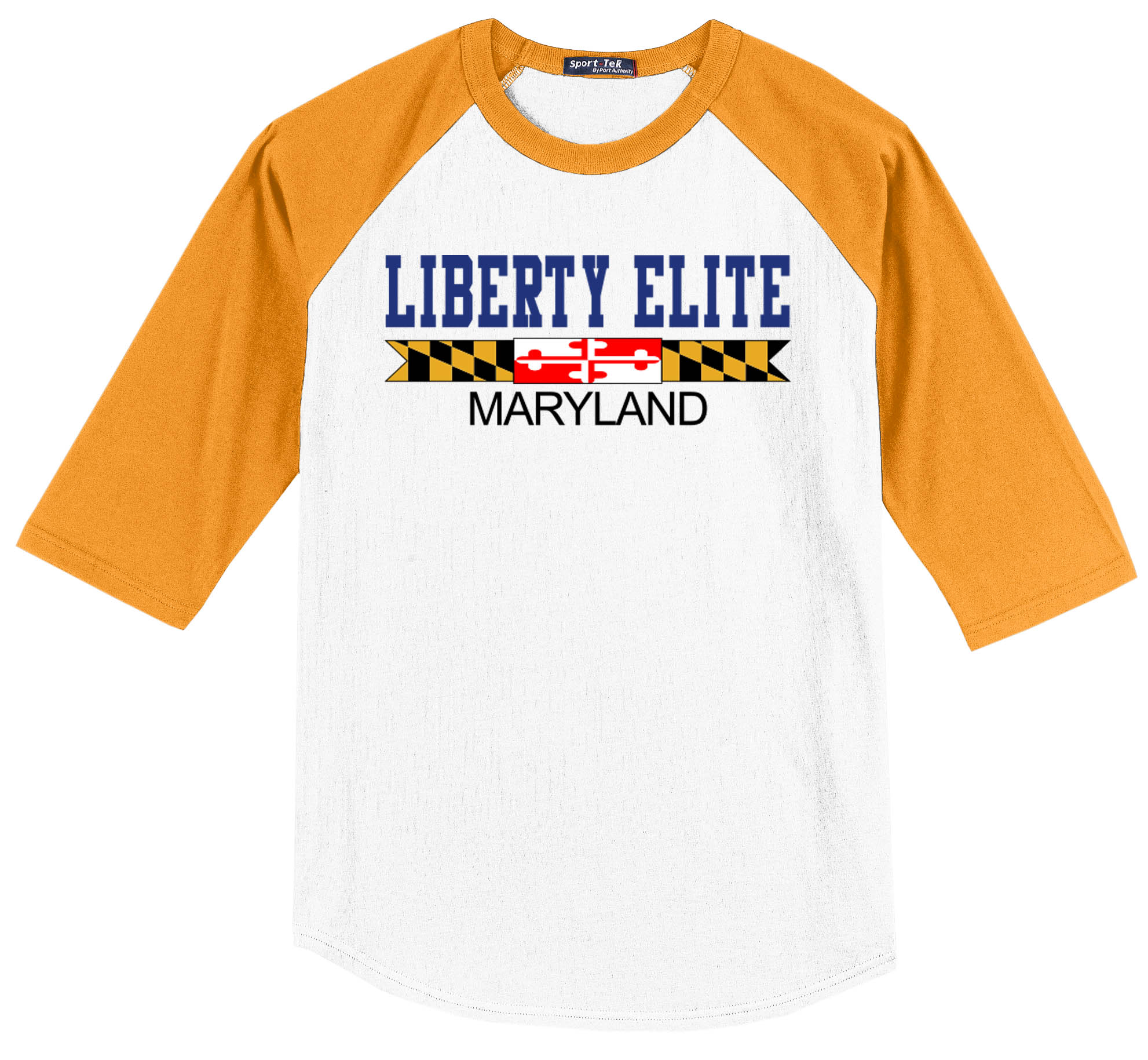 LEU-T200GDWHT-MD ADULT UNISEX GOLD/WHITE 3/4 SLEEVE BASEBALL TEES WITH MARYLAND LOGO