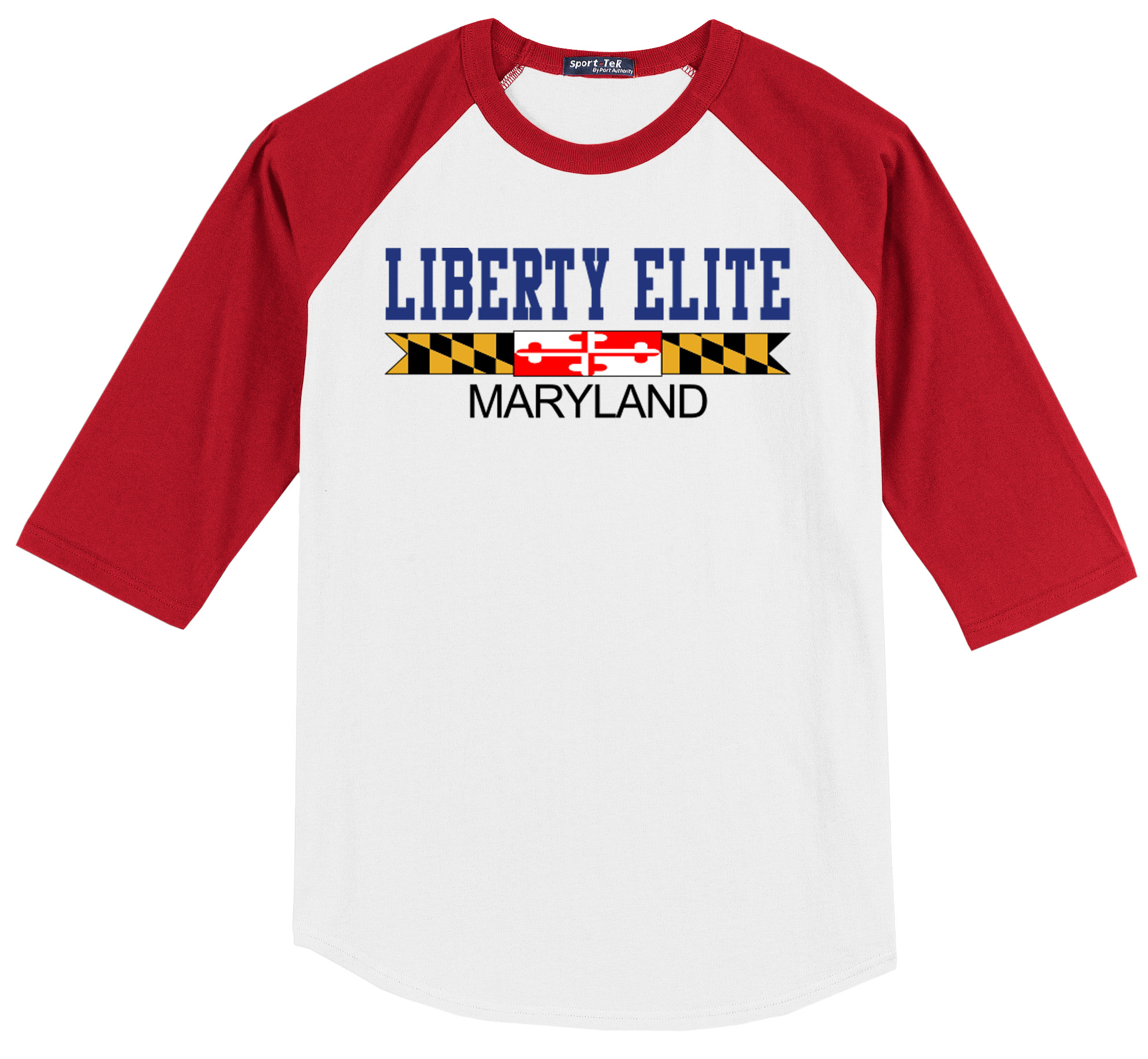 LEU-T200RDWHT-MD ADULT UNISEX RED/WHITE 3/4 SLEEVE BASEBALL TEES WITH MARYLAND LOGO