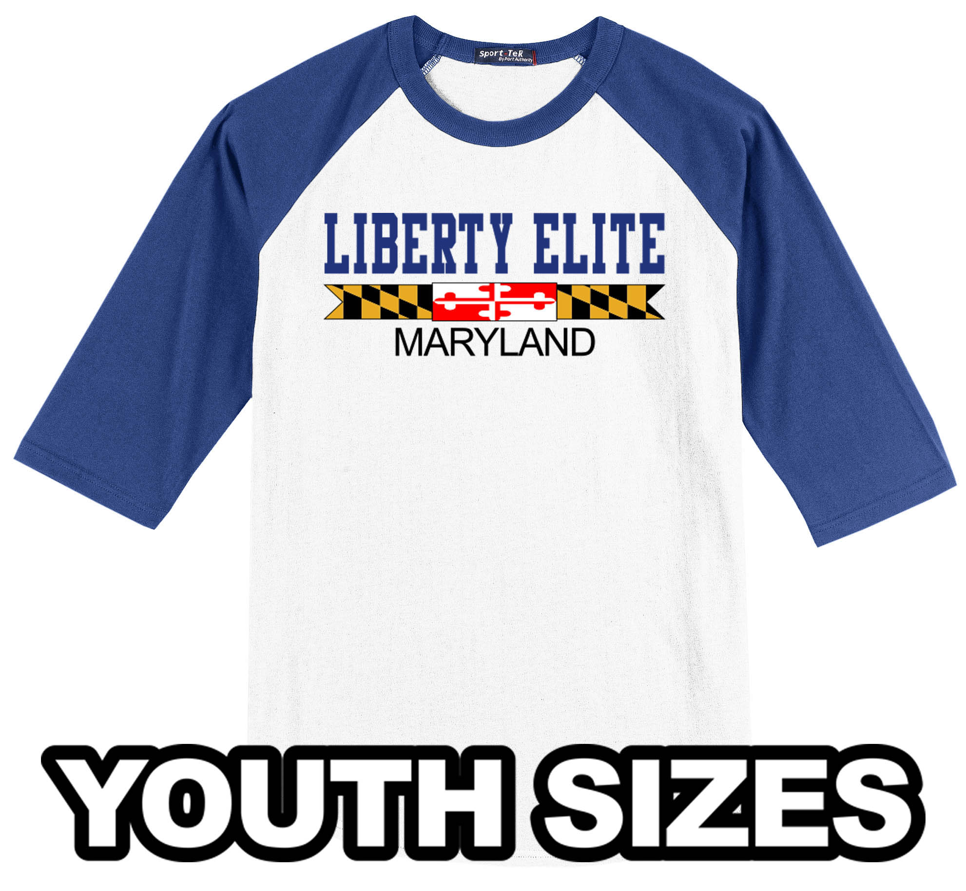 LEB-T200YROYWHT-MD YOUTH UNISEX ROYAL/WHITE 3/4 SLEEVE BASEBALL TEE WITH MARYLAND LOGO