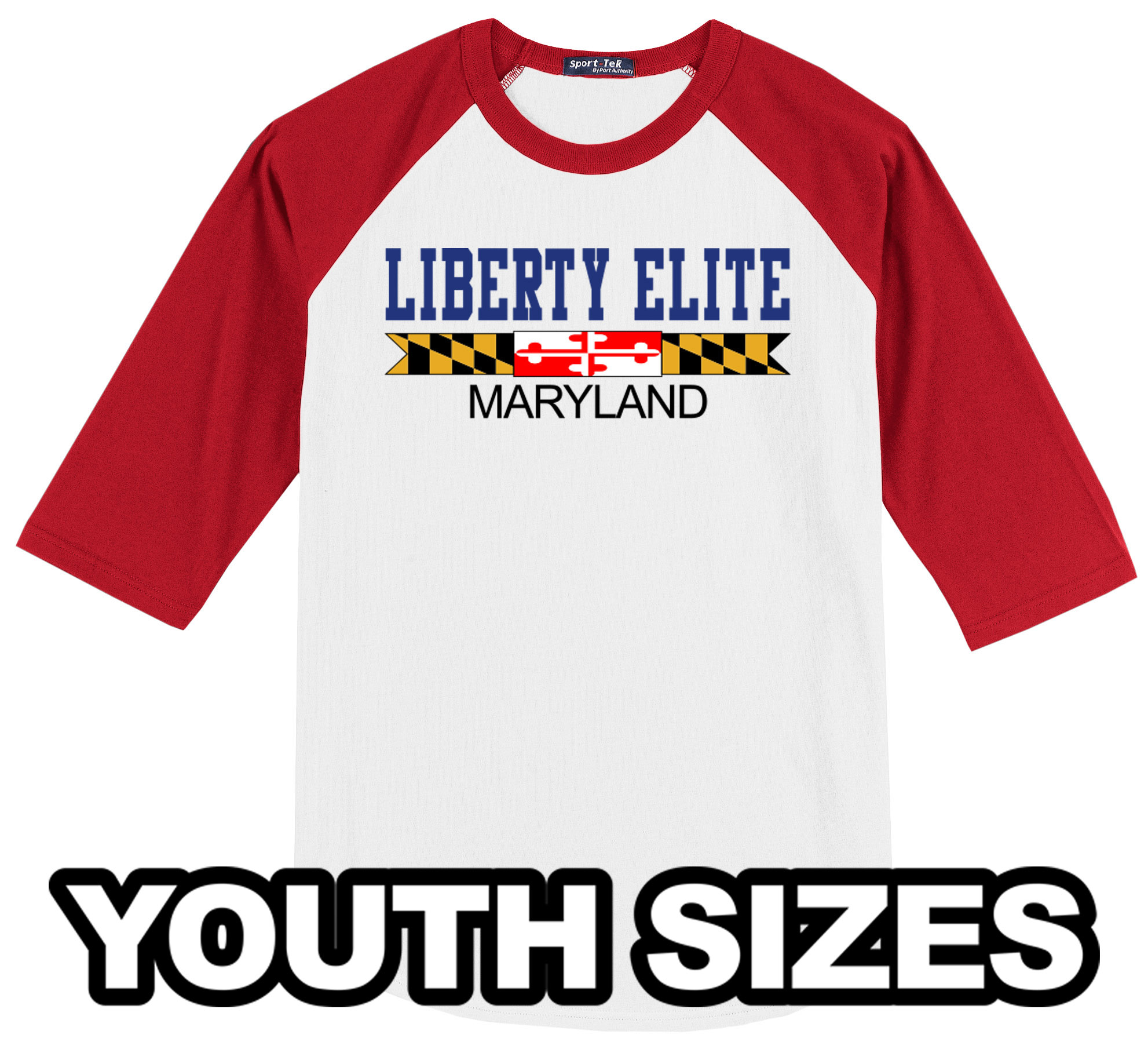 LEB-T200YRDWHT-MD YOUTH UNISEX RED/WHITE 3/4 SLEEVE BASEBALL TEES WITH MARYLAND LOGO