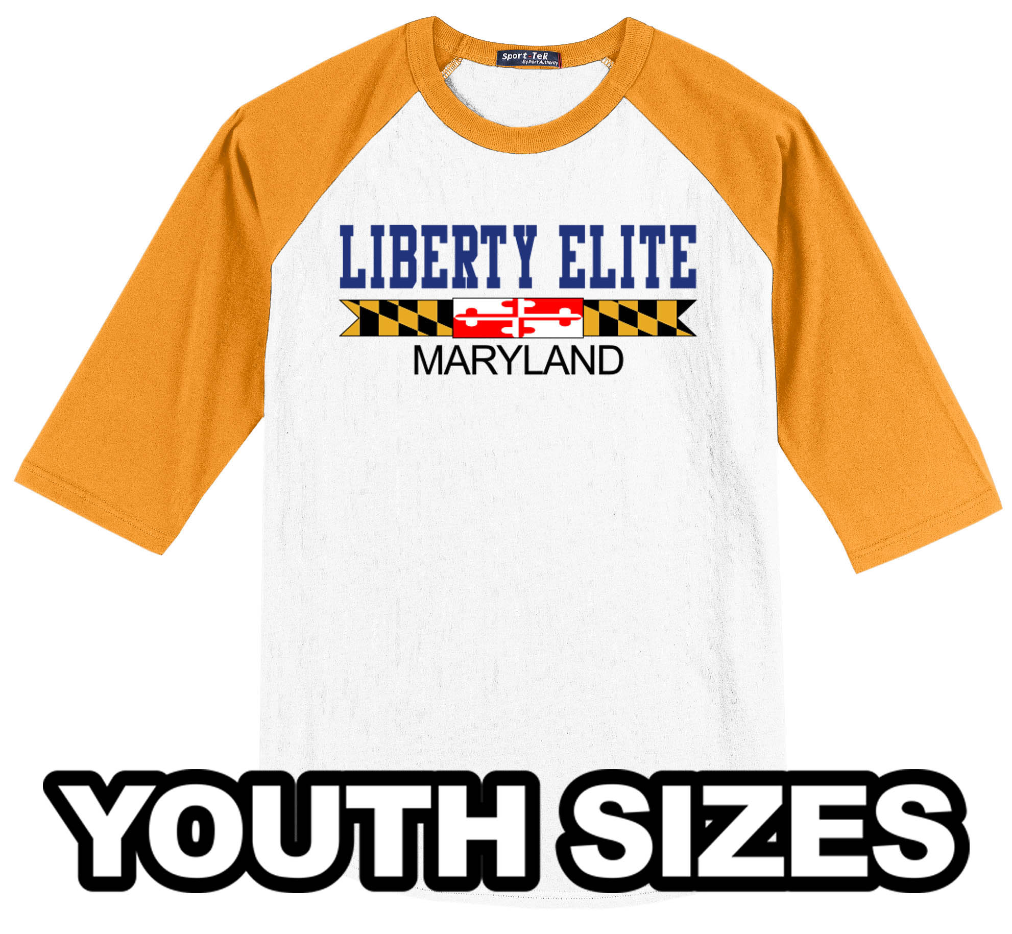 LEB-T200YGDWHT-MD YOUTH UNISEX GOLD/WHITE 3/4 SLEEVE BASEBALL TEES WITH MARYLAND LOGO