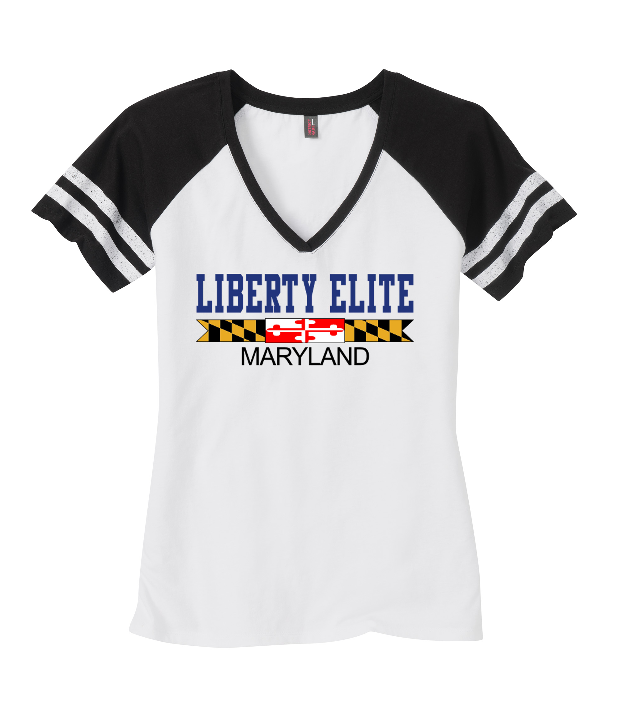 LEL-DM476-MD LADIES WHITE WITH BLACK SLEEVES V-NECK 60/40 BLEND GAME TEE WITH MARYLAND LOGO