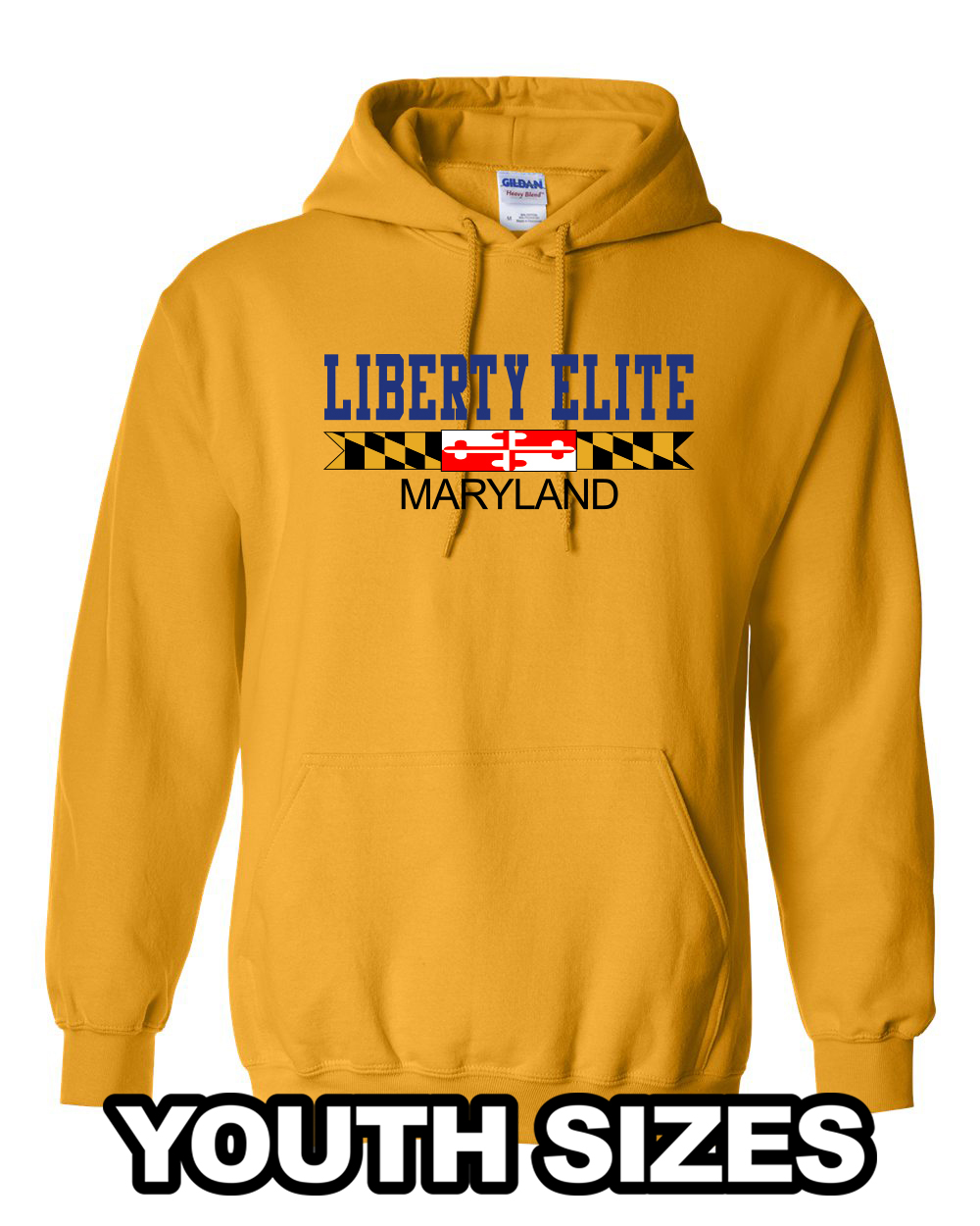 LEB-18500BGLD-MD YOUTH UNISEX GOLD 50/50 BLEND HOODIE WITH MARYLAND LOGO