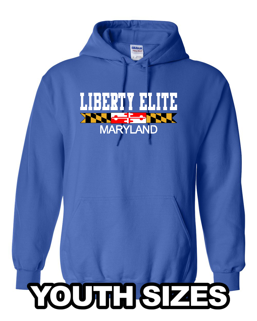 LEB-18500BROY-MD YOUTH UNISEX ROYAL BLUE 50/50 BLEND HOODIE WITH MARYLAND LOGO