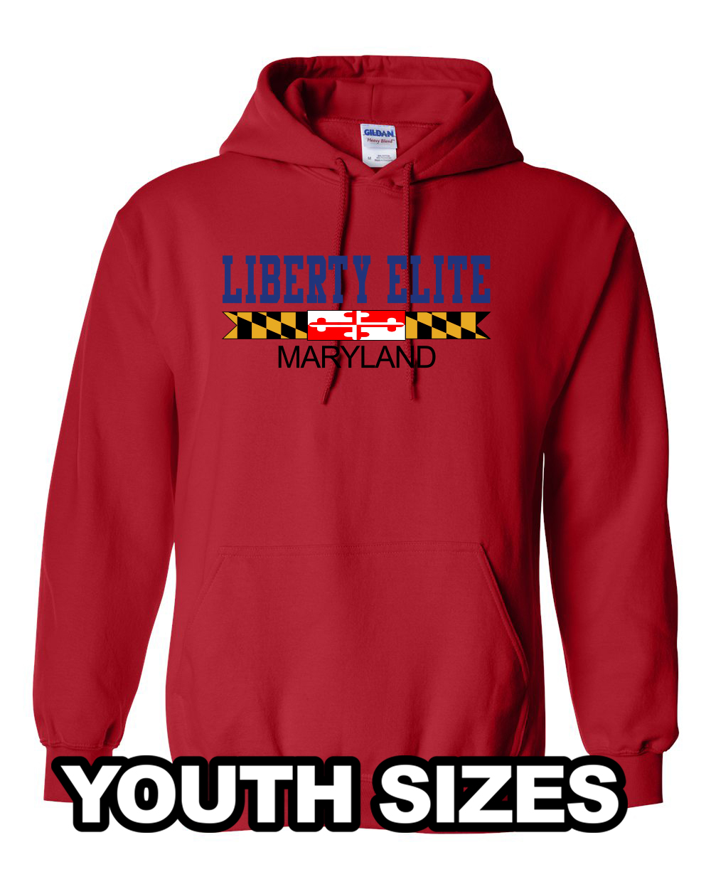 LEB-18500BRD-MD YOUTH UNISEX RED 50/50 BLEND HOODIE WITH MARYLAND LOGO