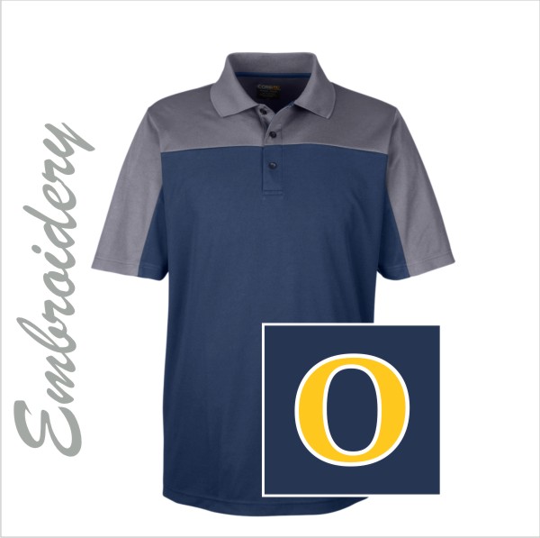 07 Ash City CE101 Mens Colorblock Polo Classic Navy/Carbon w Left Chest Emb.Gold/ White Thread
