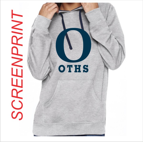18 Next level 9301 Unisex Terry Pullover Hoodie Heather Grey/Mid Navy w Front Print