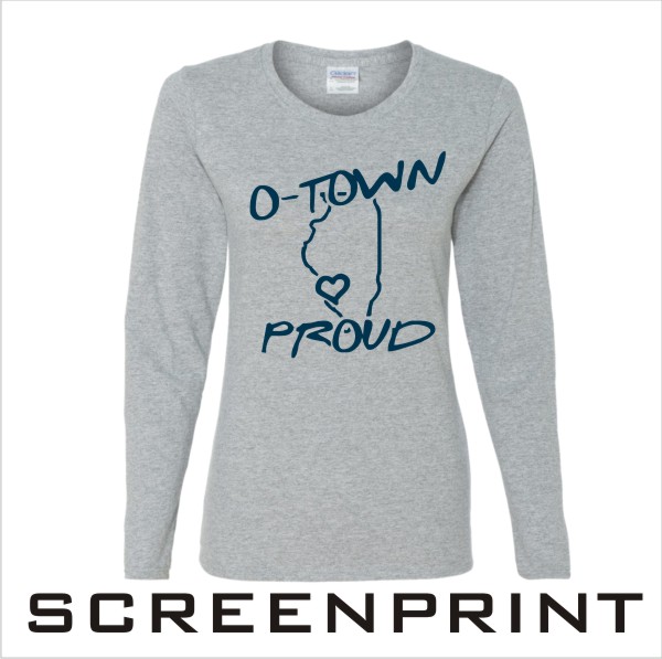 08 Gildan 5400L Sport Grey Ladies Heavyweight Cotton LS TShirts with Front Print in Navy Ink
