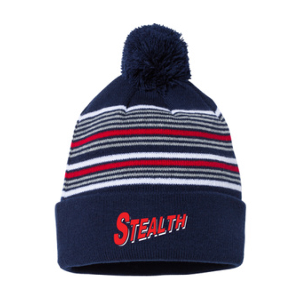 Knit Hat - Striped with Pom with Embroidered Logo