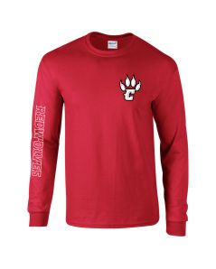 Gildan Adult Red Long Sleeve Left Chest Paw Print Red T-Shirt with Imprint on the Sleeve 